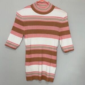 Striped Turtleneck Sweater in Pink, Brown, and White